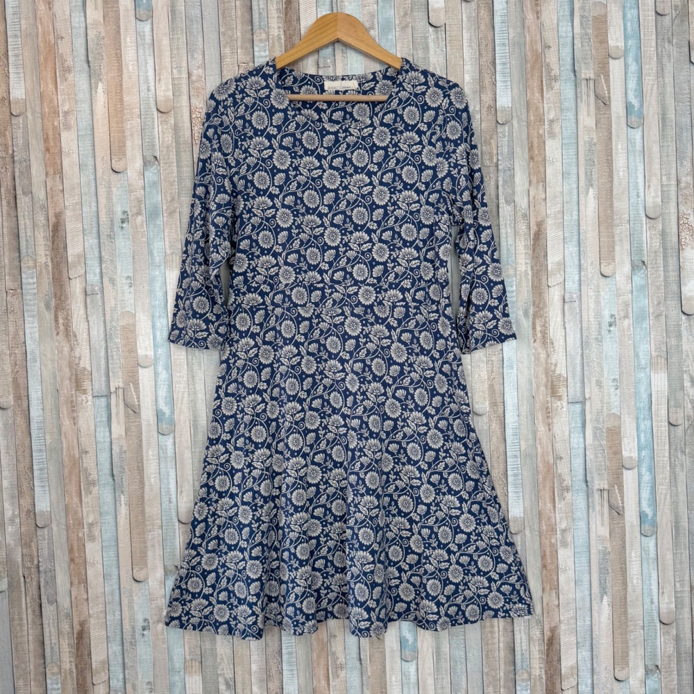 Seasalt Cornwall Longor Dress Blue Floral Bamboo Jersey Knit A-Line UK 16 US 12